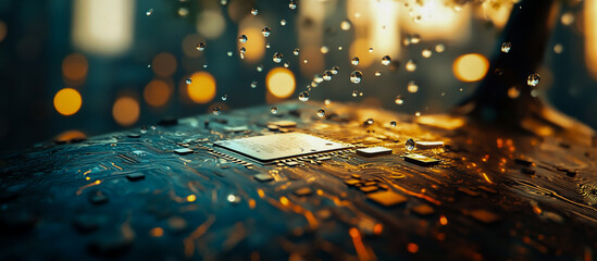 Electric shock on a detailed circuit board, water droplets falling on a textured tree trunk, a glowing computer chip floating in the air, blurred urban scene in the background,