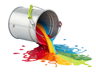 Colorful paint spills from a metal bucket onto a black background