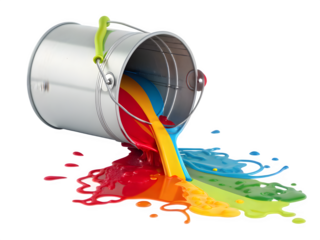 Colorful paint spills from a metal bucket onto a black background