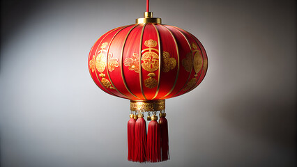 A traditional red chinese lantern with intricate golden patterns and a red tassel hangs illuminated against a softly lit textured background