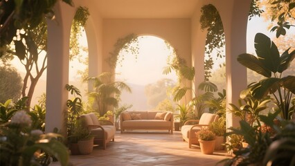 Sunlit Indoor Garden with Arched Openings and Comfortable Seating
