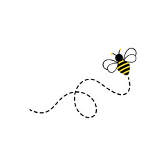 Cartoon bee flying on a dotted route. Vector illustration.