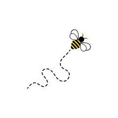 Cartoon bee flying on a dotted route. Vector illustration.