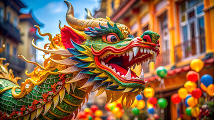 Obraz premium Vibrant chinese dragon parade floats through a festive city street decorated with colorful balloons during a celebration