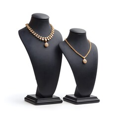 Mannequin necks with gold diamond necklaces on a white background, 