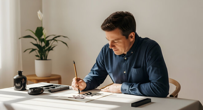 Professional man working at desk in modern office environment with laptop and stationery for business productivity and remote work scenarios