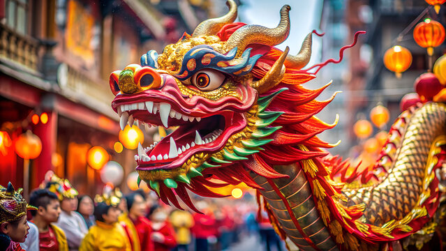 Vibrant chinese dragon parade floats through a bustling street adorned with glowing red lanterns during a festive cultural celebration
