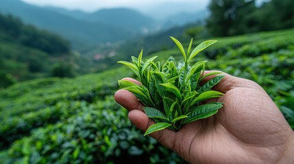 Fresh tea leaves held in hand, tea plantation background, bright. Illustrate tea farming, agriculture, or beverage concepts easily.