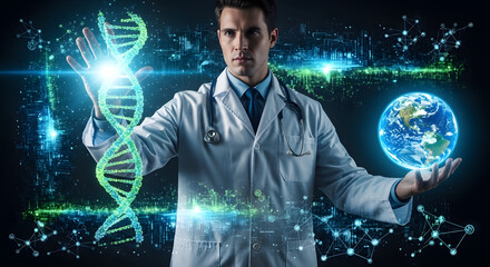 A doctor manipulates a glowing DNA helix and holds the Earth, symbolizing futuristic global healthcare and genetic research.