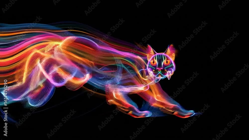 Poster colorful abstract cat in motion with vibrant light trails generative ai