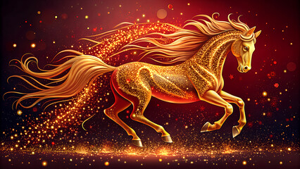 Majestic golden horse with a fiery mane and tail illuminated by sparkling embers and glowing particles galloping through a mystical dark and magical background with a sense of power and fantasy