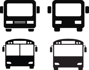 Set of Four Black Bus Silhouettes Front View Icons.