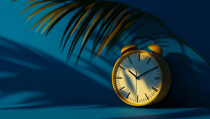 High-quality 3D render of a minimalist wall clock set against a soft blue background with subtle palm leaf shadows, bathed in warm golden light for a modern, tropical aesthetic.