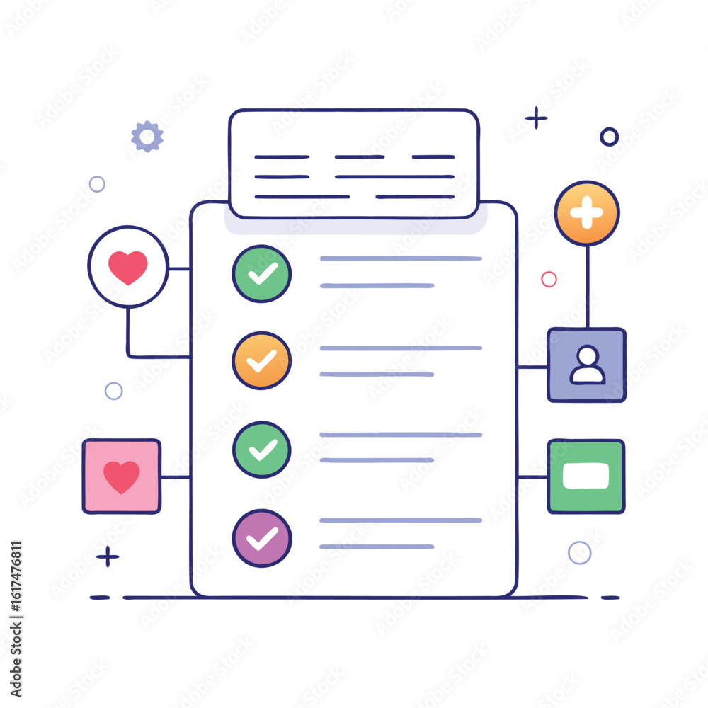 Poster checklist and task management with icons and connections