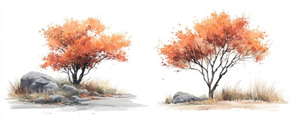 Two autumn trees with rocks and grass (2)