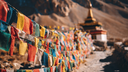 Colorful prayer flags strung along a mountain path.
