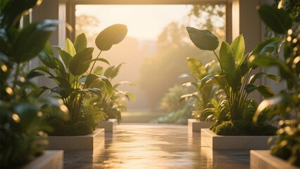Sunlit Indoor Garden with Potted Plants and Reflective Floor