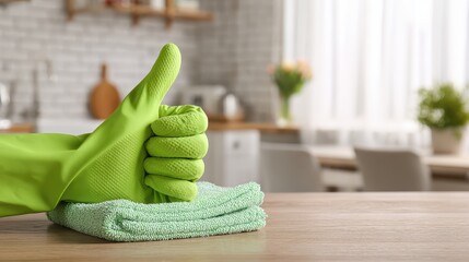 Green gloved hand gives thumbs up on cloth against bright kitchen background. It illustrates cleaning satisfaction and a job well done in home maintenance.