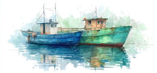 Watercolor painting of two vintage fishing boats on a calm body of water