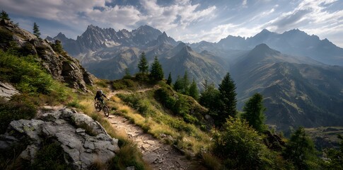Dynamic mountain biker conquers rugged alpine trail, embracing adventure and breathtaking scenic views