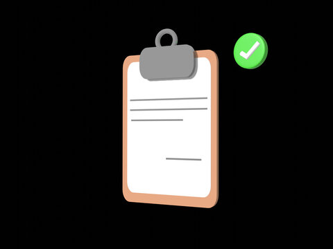 3d brown clipboard icon with sheet of paper isolated on white background with right icon. Render of clipboard with 3d document for notes, contracts, schedule, work planning. 