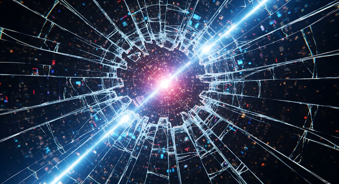 Shattered Glass reflecting city data breach cybersecurity concept