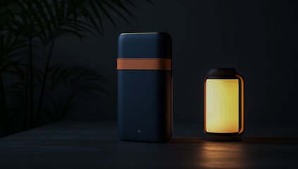 On the right, next to a modern LED desk lamp, a sleek, dark blue and copper-colored power bank, with a hint of premium leather, is placed against a workspace backdrop.