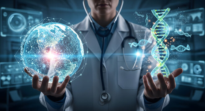 A doctor holds a holographic globe and DNA helix, symbolizing advanced medical technology and global healthcare.