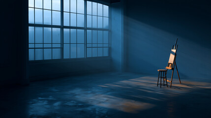 Minimalist Art Studio with Easel and Stool in Dramatic Morning Light Through Large Industrial Windows
