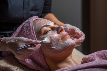 Woman receives a facial treatment with white cream applied by cosmetologist. It illustrates skincare, beauty treatments, and wellness concepts.