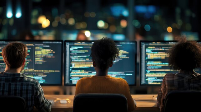 Team of programmers working late at night - Powered by Adobe