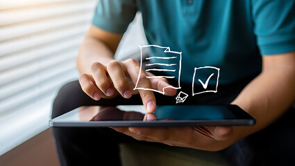 Person using tablet with digital checklist and document icons image