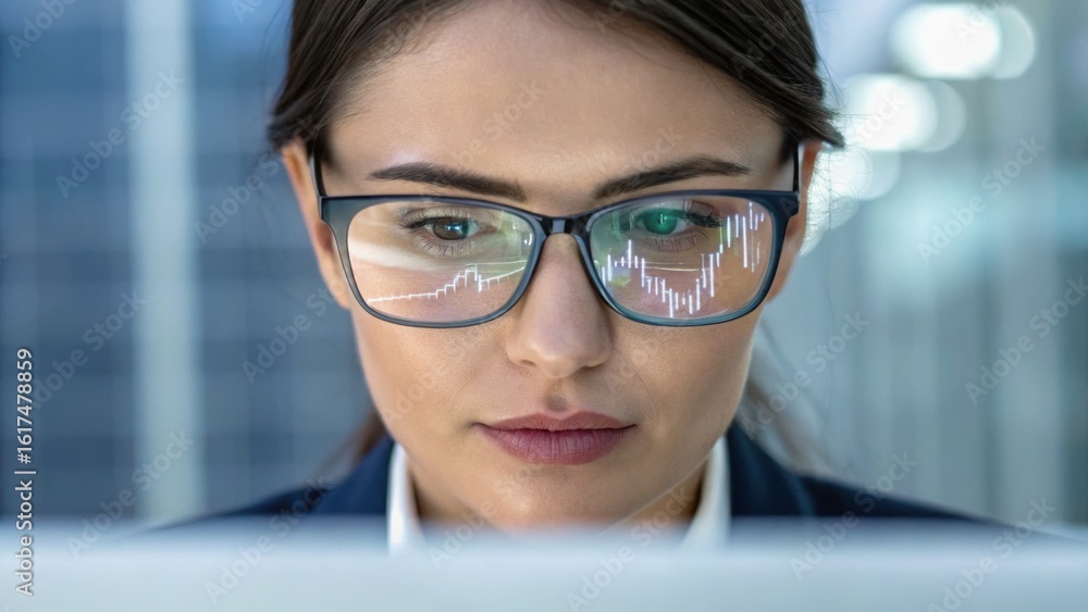 Poster focused woman in glasses analyzing data on a computer screen in a professional setting.