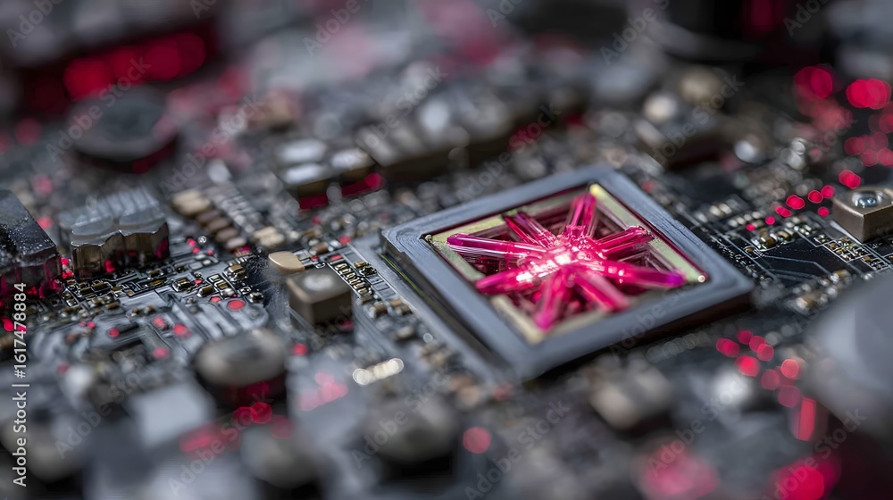 Poster close-up of a circuit board with a central component.
