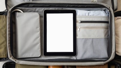 A neatly organized suitcase interior featuring a tablet, a gray case, and compartments for travel essentials.