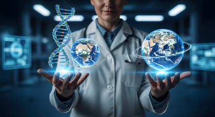 Scientist holds holographic DNA and Earth, symbolizing global health research.