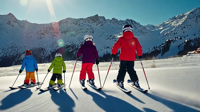 Children skiing on a snowy slope with mountains in the background