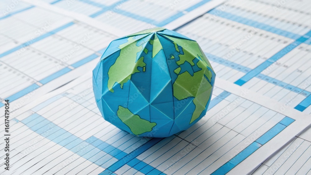 Poster a paper globe model sits on a patterned surface, symbolizing geography and creativity in design.