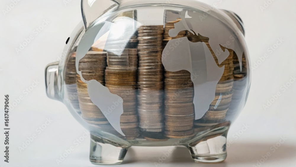 Poster a transparent piggy bank filled with coins, featuring a world map design on its surface, symbolizes 
