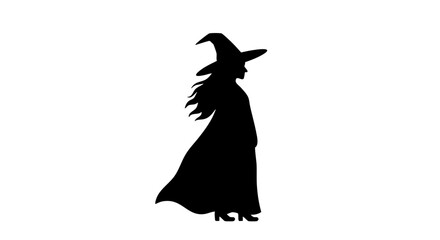Silhouette of a witch in a black dress and pointed hat.