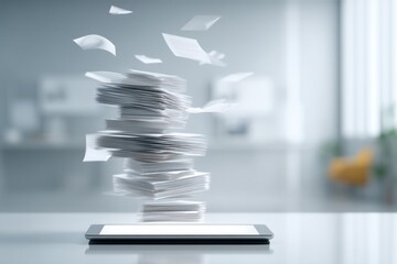 Floating documents over a tablet in modern office