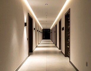 Long hotel corridor at night