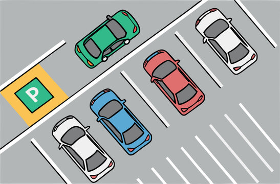 Overhead view of colorful cars parked in parking lot