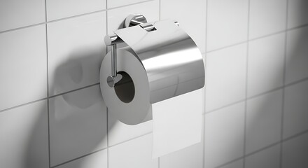 Toilet paper roll on holder mounted on tiled wall