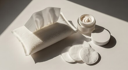 Skincare essentials: cream, cotton pads, and cleansing wipes on a white surface