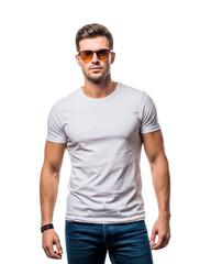 handsome young man wearing white t shirt and sunglasses isolated on white