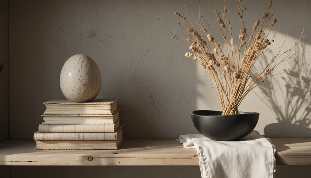 A minimalist still life with a speckled stone egg on a stack of books and dried grasses in a black bowl.