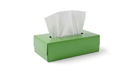 Green tissue box with white tissues on a white background