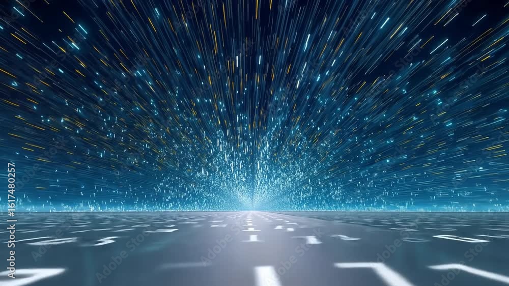 Poster futuristic digital explosion of light and data streams creates vibrant atmosphere, symbolizing techn