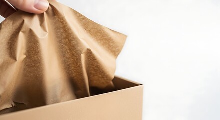 Hand reaching into a brown cardboard box with crumpled paper